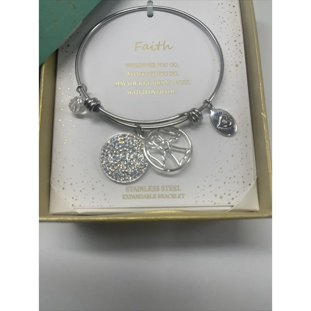 Footnotes “FAITH” Guardian Angel Expandable Bangle Charm Bracelet New